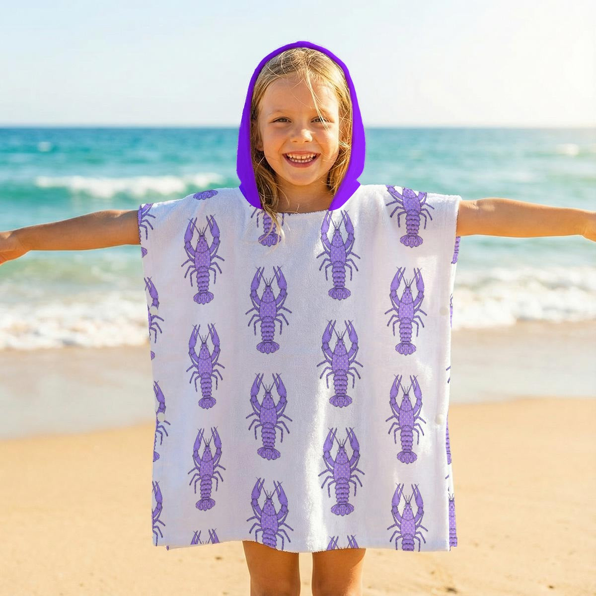 Kid's Hooded Towel Poncho - Purple Crayfish (with white hearts)