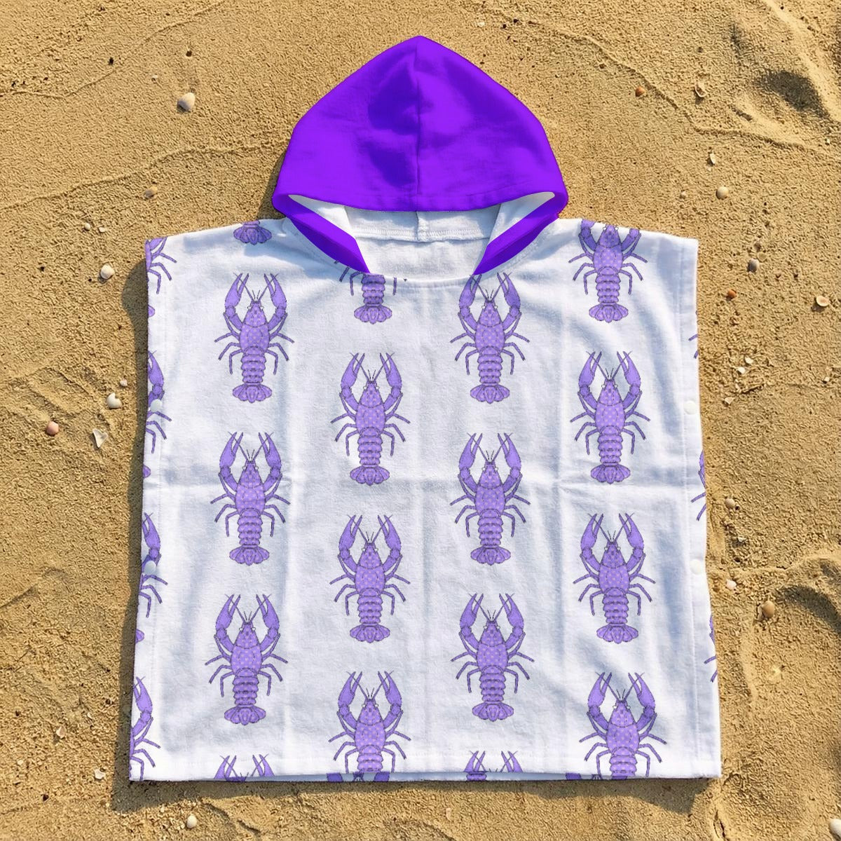 Kid's Hooded Towel Poncho - Purple Crayfish (with white hearts)
